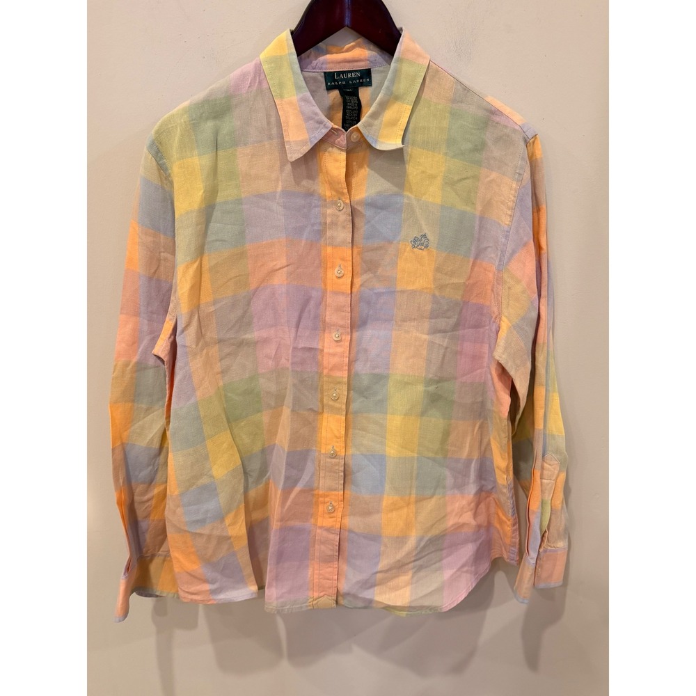 Lauren Ralph Lauren Pastel Gingham Linen Button Down Shirt 1X Multi Color LRL